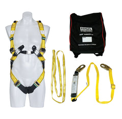 Flat lay image of a mannequin wearing a safety harness with kit bag and anchorage sling alongside